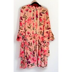 Twinset Milano Floral Tiered Boho Dress Size 12 Peach Pink Flowy Made in Italy